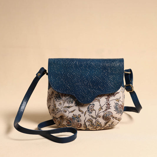 Blue - Handcrafted Kalamkari Printed Sling Bag with Embossed Leather Flap