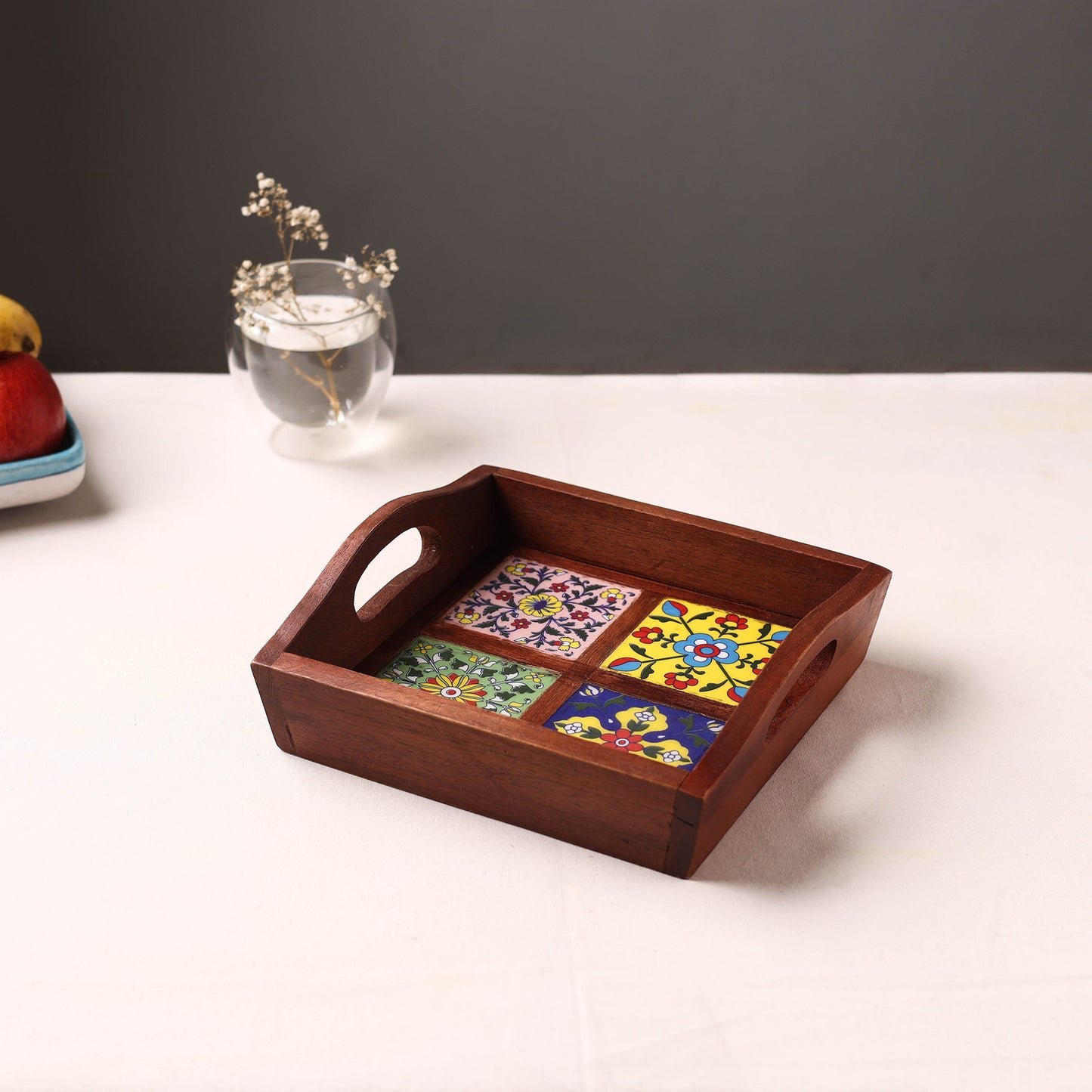 Handcrafted Blue Pottery Wooden Serving Tray (9 x 8 in) 01