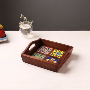 Handcrafted Blue Pottery Wooden Serving Tray (9 x 8 in) 01