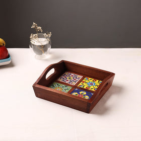 Handcrafted Blue Pottery Wooden Serving Tray (9 x 8 in) 01