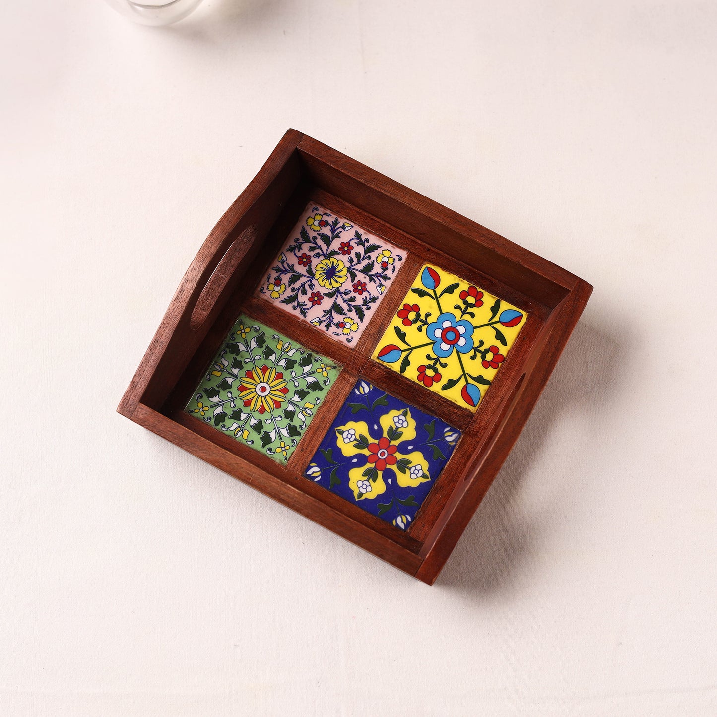 Handcrafted Blue Pottery Wooden Serving Tray (9 x 8 in) 01