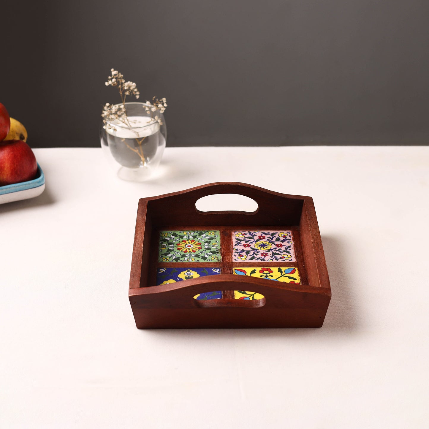 Handcrafted Blue Pottery Wooden Serving Tray (9 x 8 in) 01