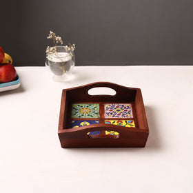 Handcrafted Blue Pottery Wooden Serving Tray (9 x 8 in) 01