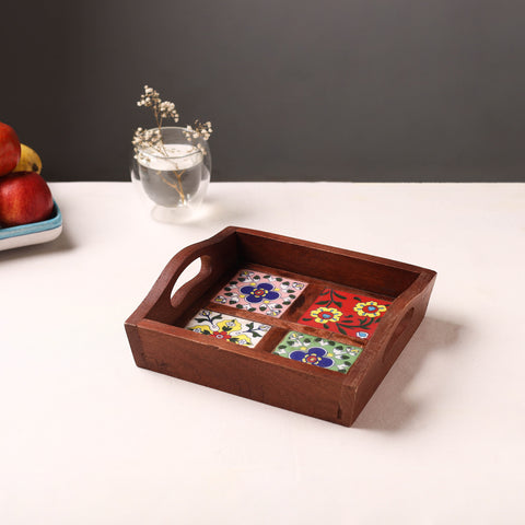 Brown - Handcrafted Blue Pottery Wooden Serving Tray (9 x 8 in) 02