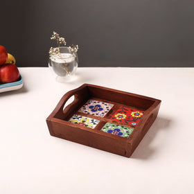 Handcrafted Blue Pottery Wooden Serving Tray (9 x 8 in) 02
