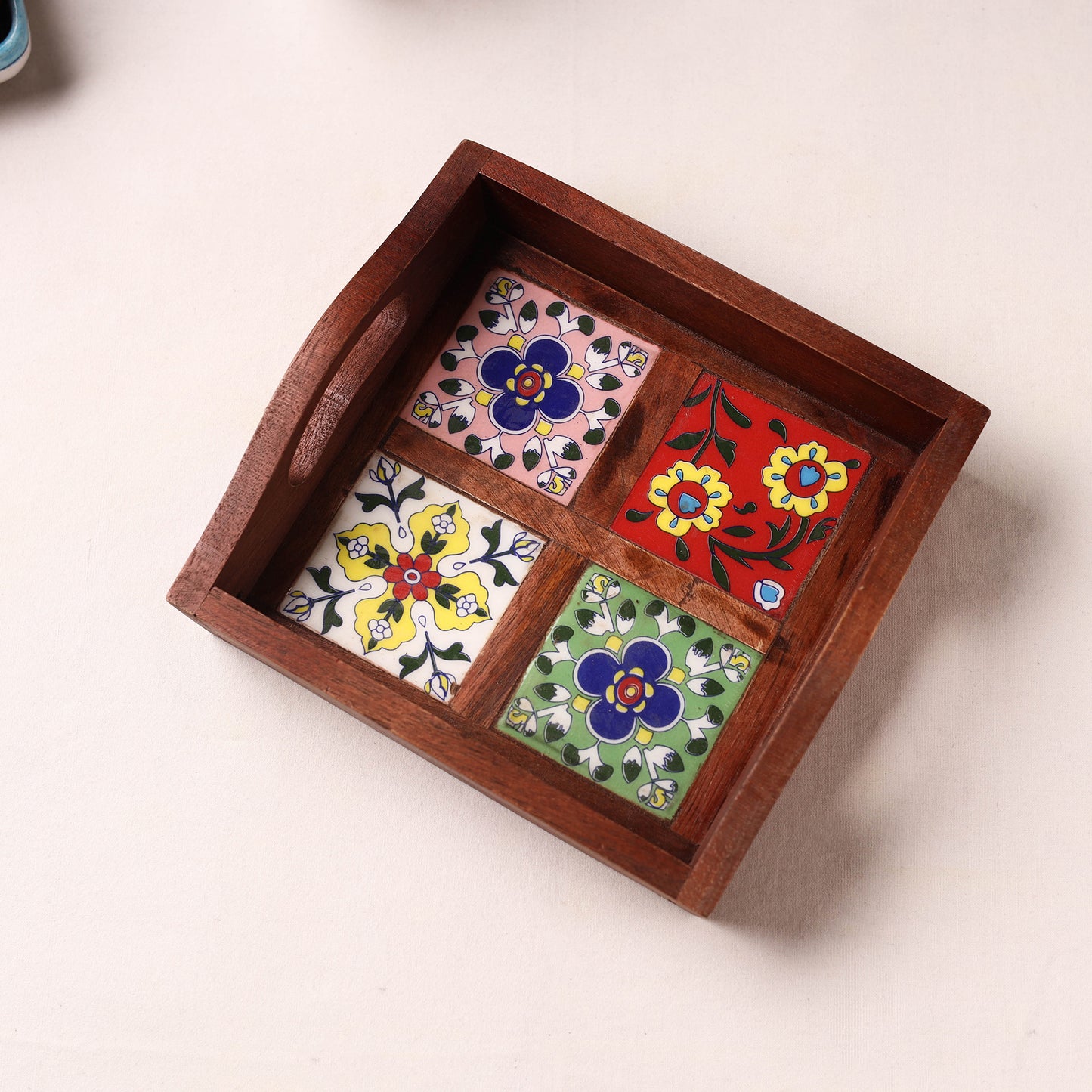 Handcrafted Blue Pottery Wooden Serving Tray (9 x 8 in) 02