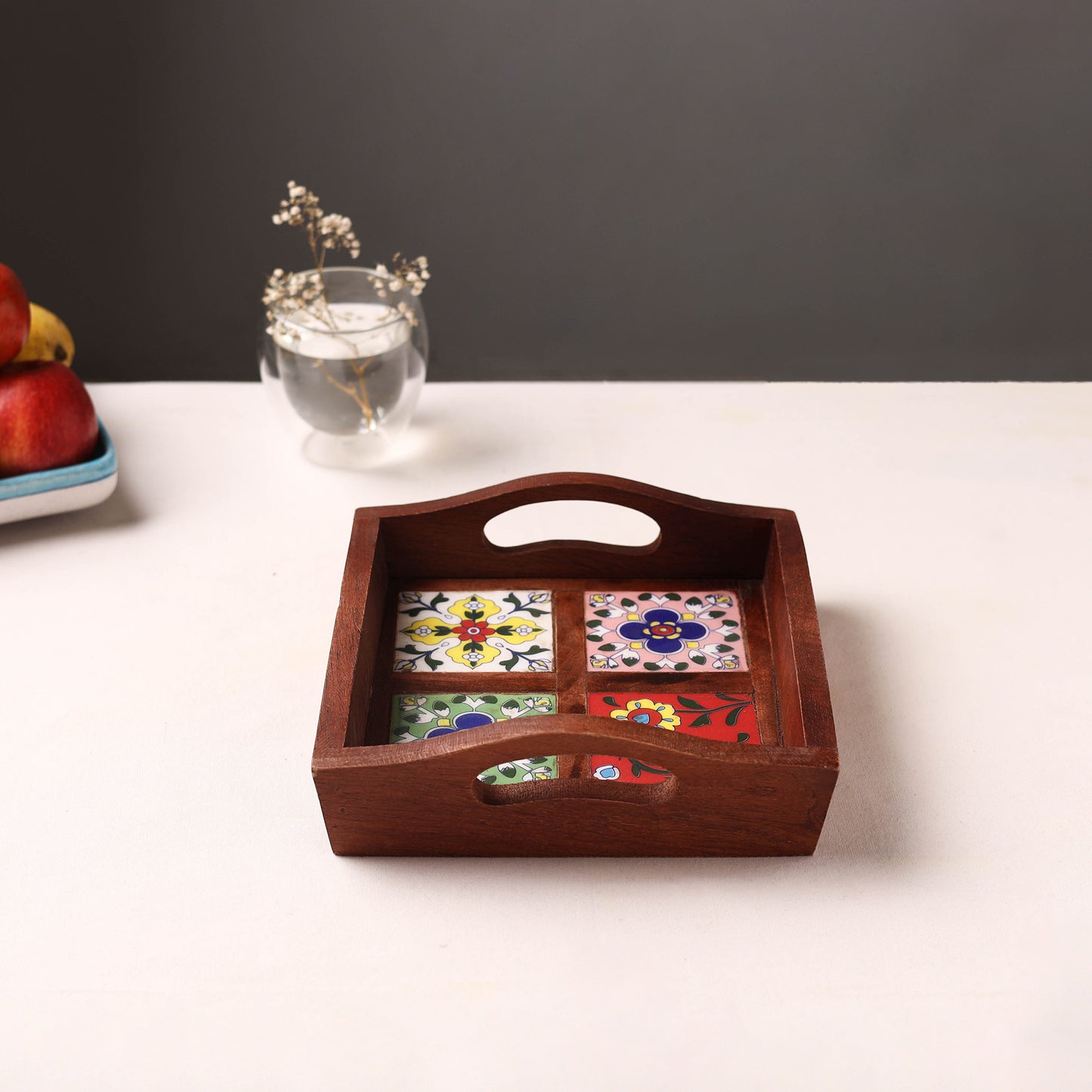Handcrafted Blue Pottery Wooden Serving Tray (9 x 8 in) 02