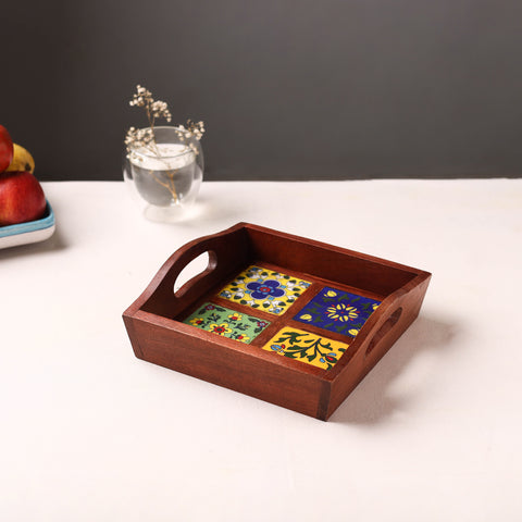 Brown - Handcrafted Blue Pottery Wooden Serving Tray (9 x 8 in) 03