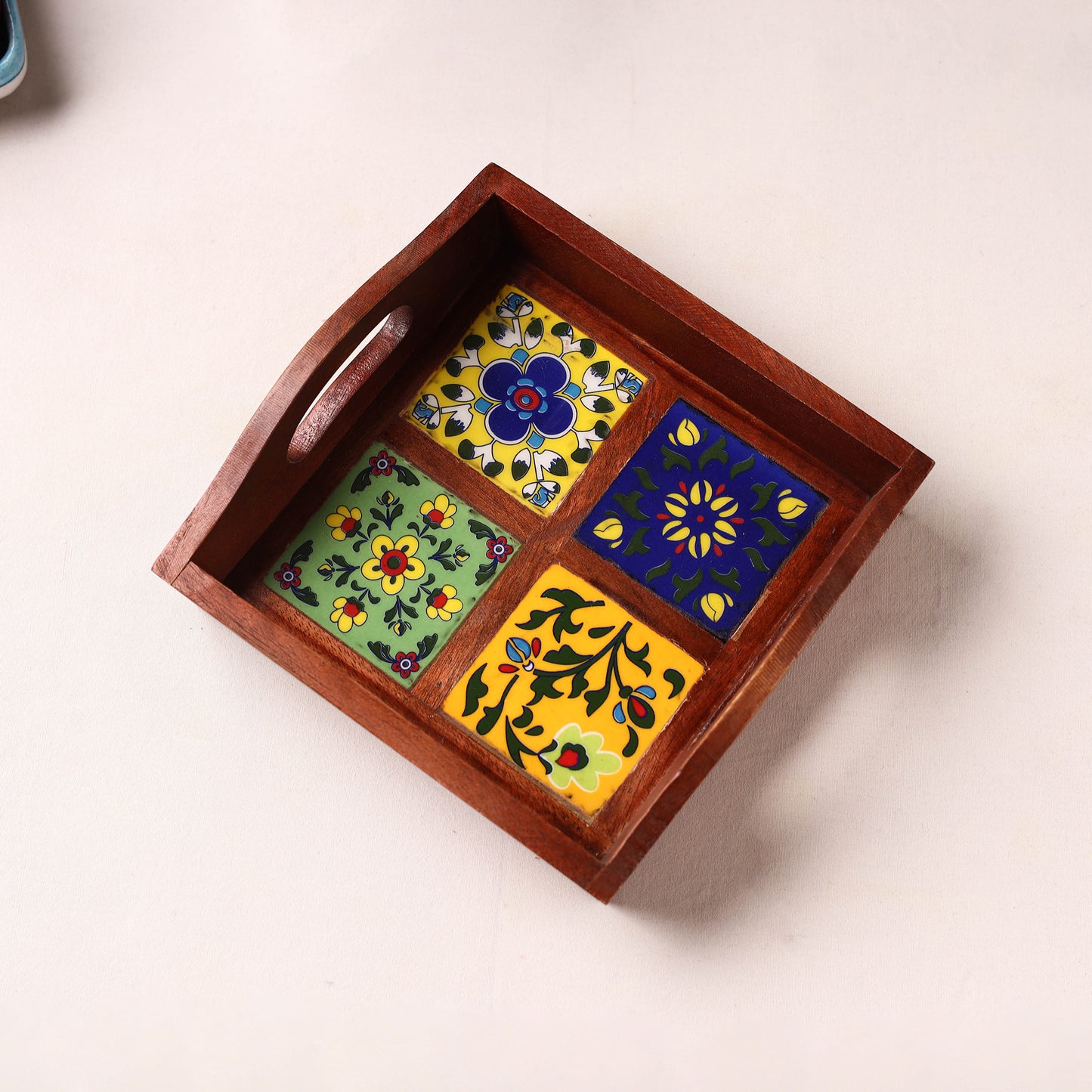 Handcrafted Blue Pottery Wooden Serving Tray (9 x 8 in) 03