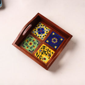 Handcrafted Blue Pottery Wooden Serving Tray (9 x 8 in) 03