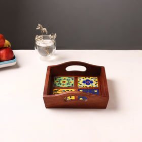 Handcrafted Blue Pottery Wooden Serving Tray (9 x 8 in) 03