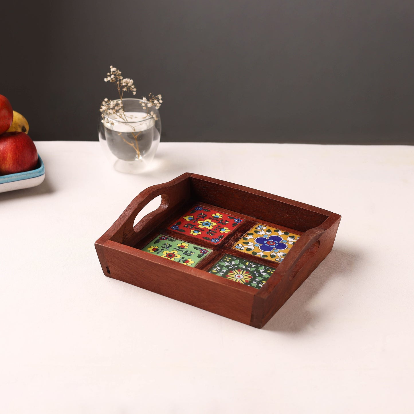Handcrafted Blue Pottery Wooden Serving Tray (9 x 8 in) 04