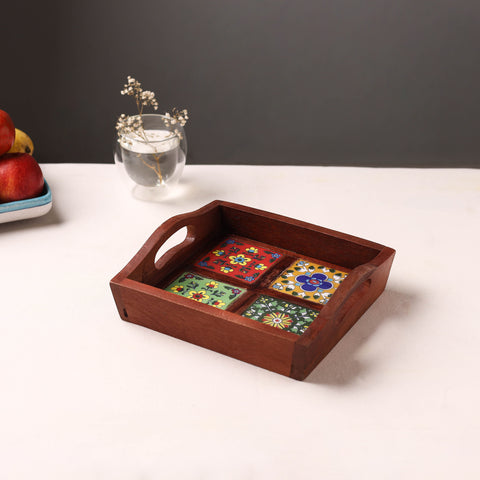Brown - Handcrafted Blue Pottery Wooden Serving Tray (9 x 8 in) 04