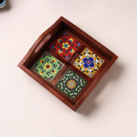 Handcrafted Blue Pottery Wooden Serving Tray (9 x 8 in) 04