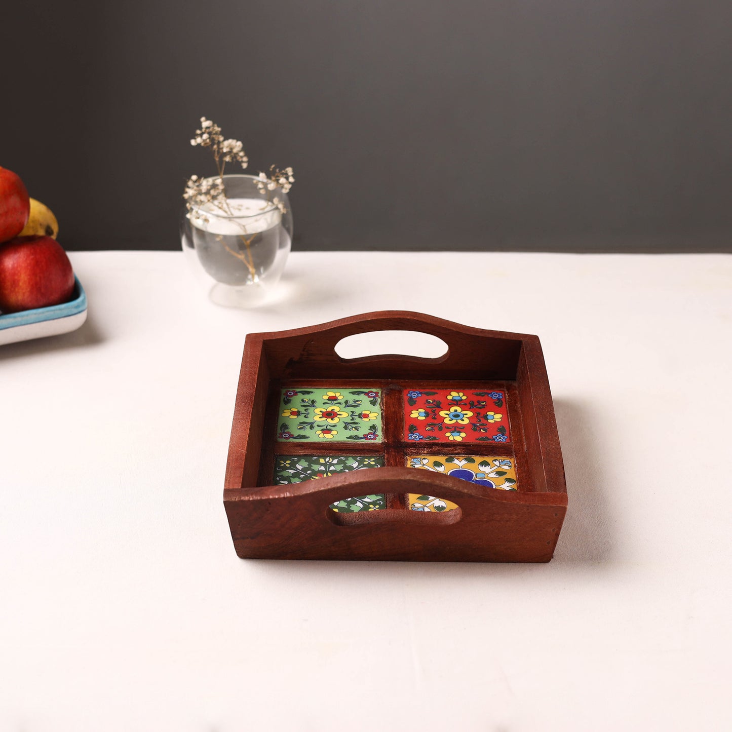Handcrafted Blue Pottery Wooden Serving Tray (9 x 8 in) 04