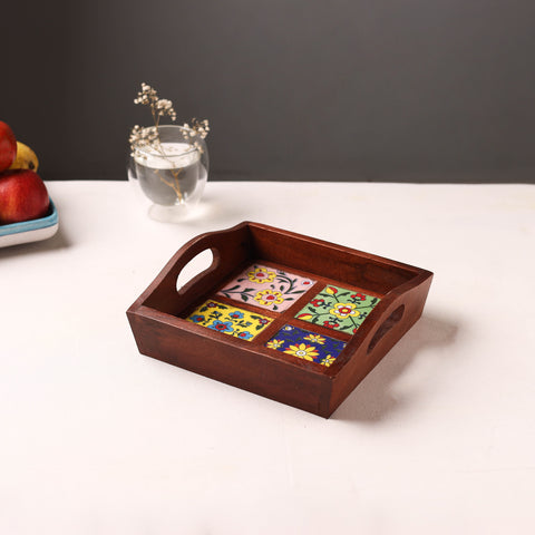 Brown - Handcrafted Blue Pottery Wooden Serving Tray (9 x 8 in) 05