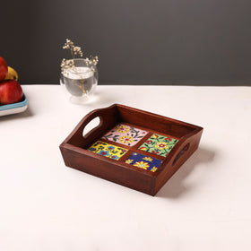 Brown - Handcrafted Blue Pottery Wooden Serving Tray (9 x 8 in) 05