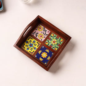 Brown - Handcrafted Blue Pottery Wooden Serving Tray (9 x 8 in) 05