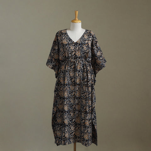 Black Kalamkari Block Print Cotton Kaftan (Long)