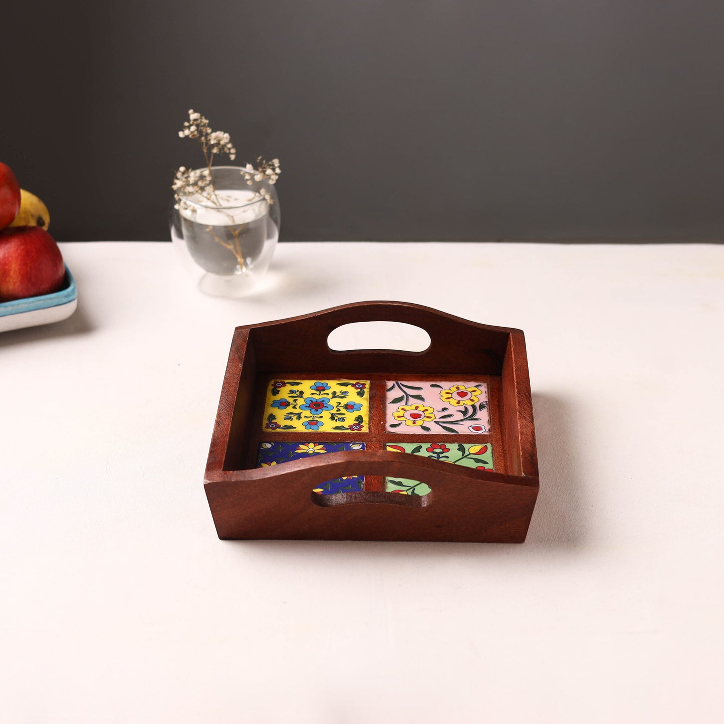 Brown - Handcrafted Blue Pottery Wooden Serving Tray (9 x 8 in) 05