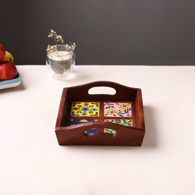 Brown - Handcrafted Blue Pottery Wooden Serving Tray (9 x 8 in) 05