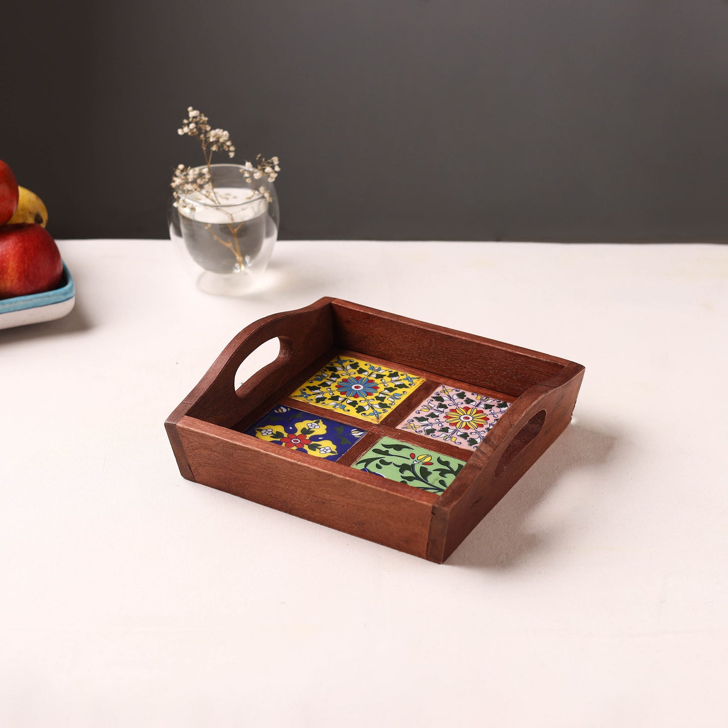 Brown - Handcrafted Blue Pottery Wooden Serving Tray (9 x 8 in) 06