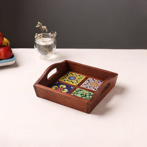 Handcrafted Blue Pottery Wooden Serving Tray (9 x 8 in) 06