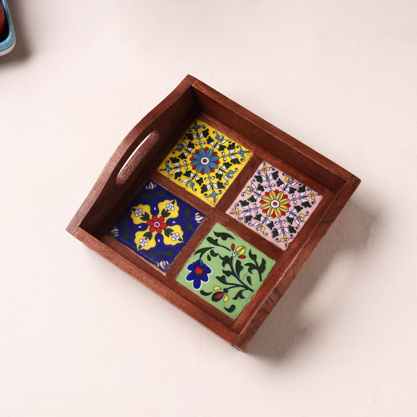 Brown - Handcrafted Blue Pottery Wooden Serving Tray (9 x 8 in) 06