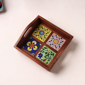 Brown - Handcrafted Blue Pottery Wooden Serving Tray (9 x 8 in) 06