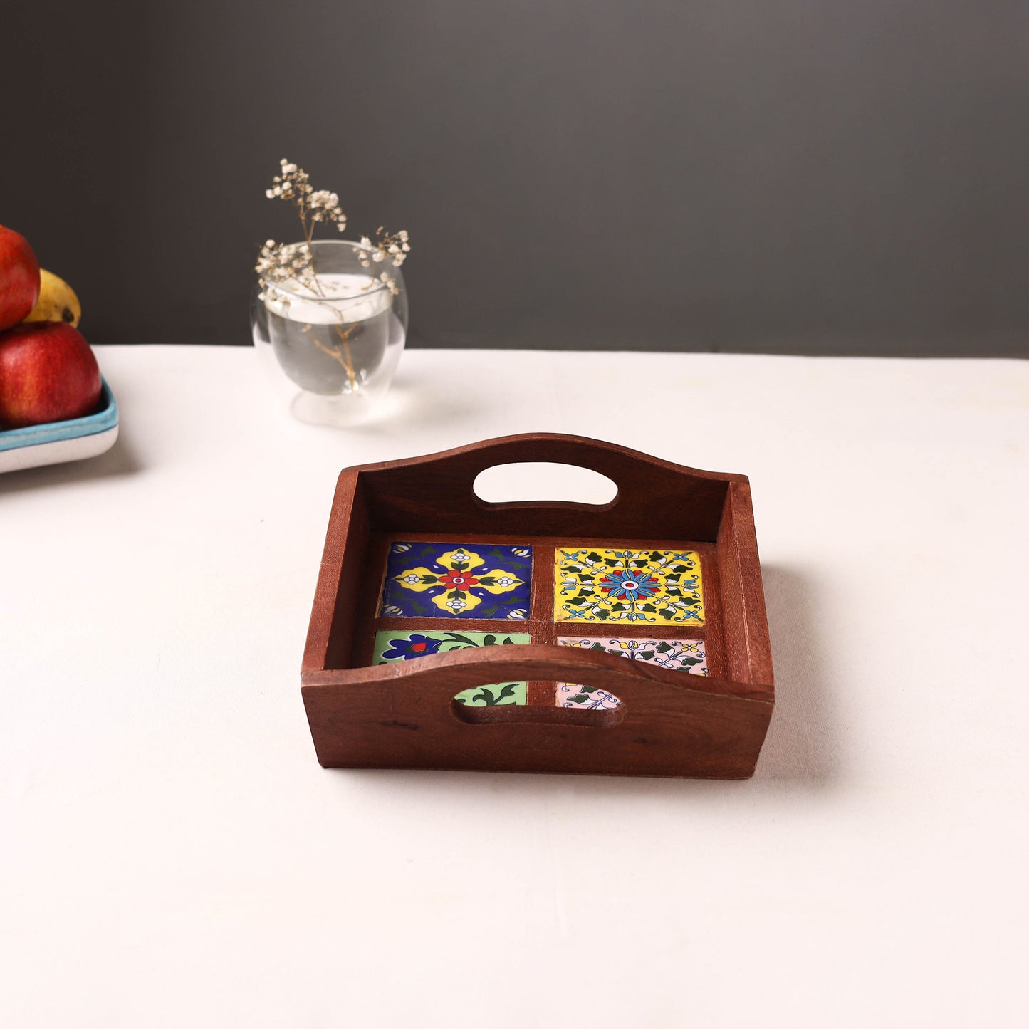 Brown - Handcrafted Blue Pottery Wooden Serving Tray (9 x 8 in) 06