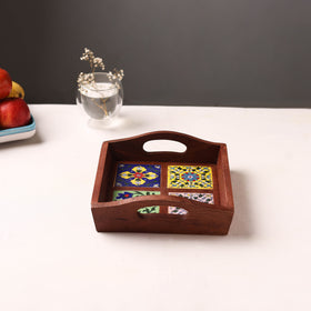 Brown - Handcrafted Blue Pottery Wooden Serving Tray (9 x 8 in) 06