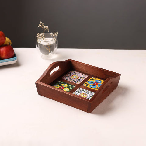 Brown - Handcrafted Blue Pottery Wooden Serving Tray (9 x 8 in) 07