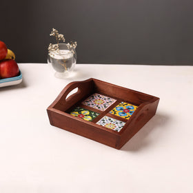 Brown - Handcrafted Blue Pottery Wooden Serving Tray (9 x 8 in) 07