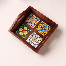 Brown - Handcrafted Blue Pottery Wooden Serving Tray (9 x 8 in) 07