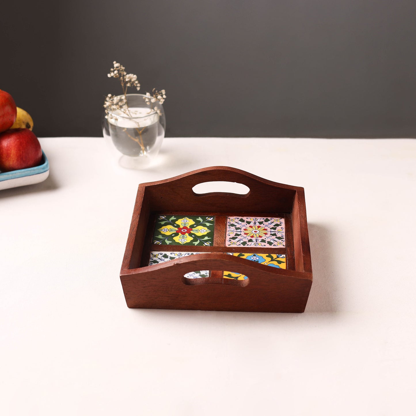 Brown - Handcrafted Blue Pottery Wooden Serving Tray (9 x 8 in) 07
