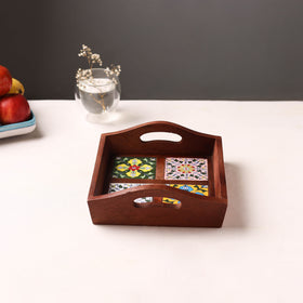 Brown - Handcrafted Blue Pottery Wooden Serving Tray (9 x 8 in) 07
