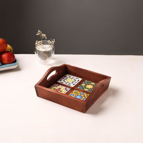 Brown - Handcrafted Blue Pottery Wooden Serving Tray (9 x 8 in) 08