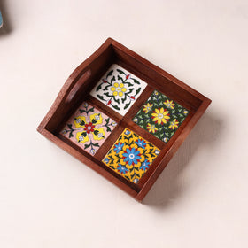 Brown - Handcrafted Blue Pottery Wooden Serving Tray (9 x 8 in) 08