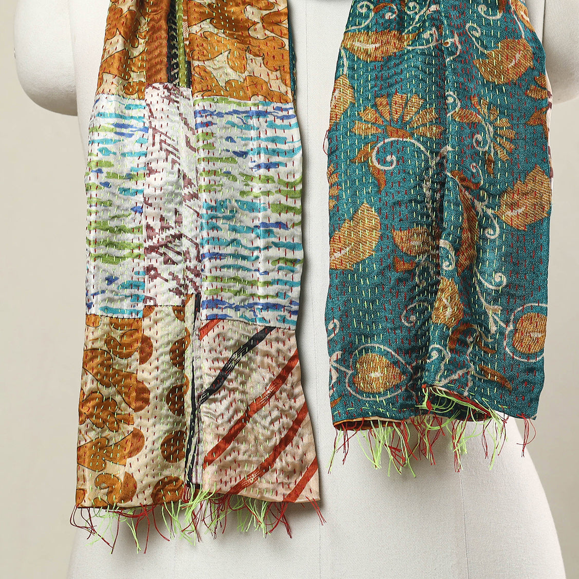 Multicolor - Bengal Kantha Embroidery Patchwork Reversible Silk Stole 14