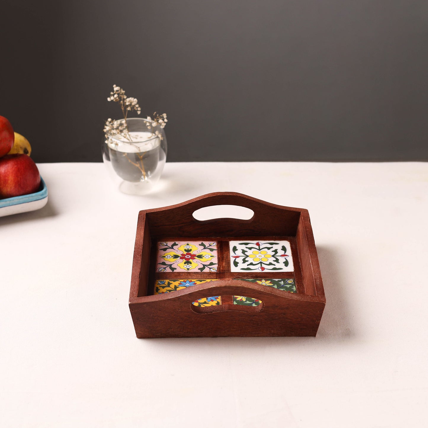 Brown - Handcrafted Blue Pottery Wooden Serving Tray (9 x 8 in) 08