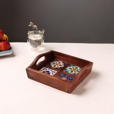 Brown - Handcrafted Blue Pottery Wooden Serving Tray (9 x 8 in) 09