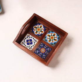 Brown - Handcrafted Blue Pottery Wooden Serving Tray (9 x 8 in) 09