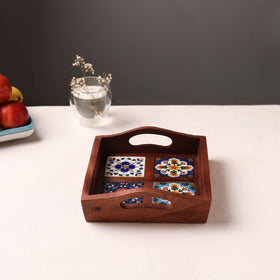 Brown - Handcrafted Blue Pottery Wooden Serving Tray (9 x 8 in) 09