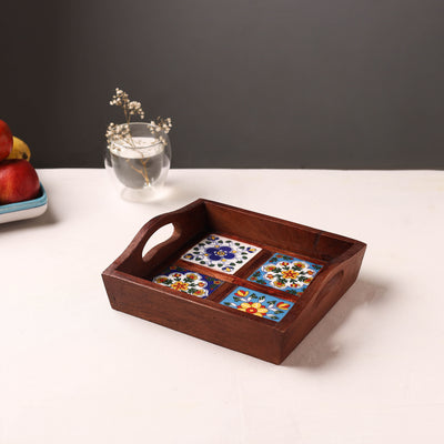 Brown - Handcrafted Blue Pottery Wooden Serving Tray (9 x 8 in) 10