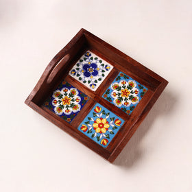 Brown - Handcrafted Blue Pottery Wooden Serving Tray (9 x 8 in) 10