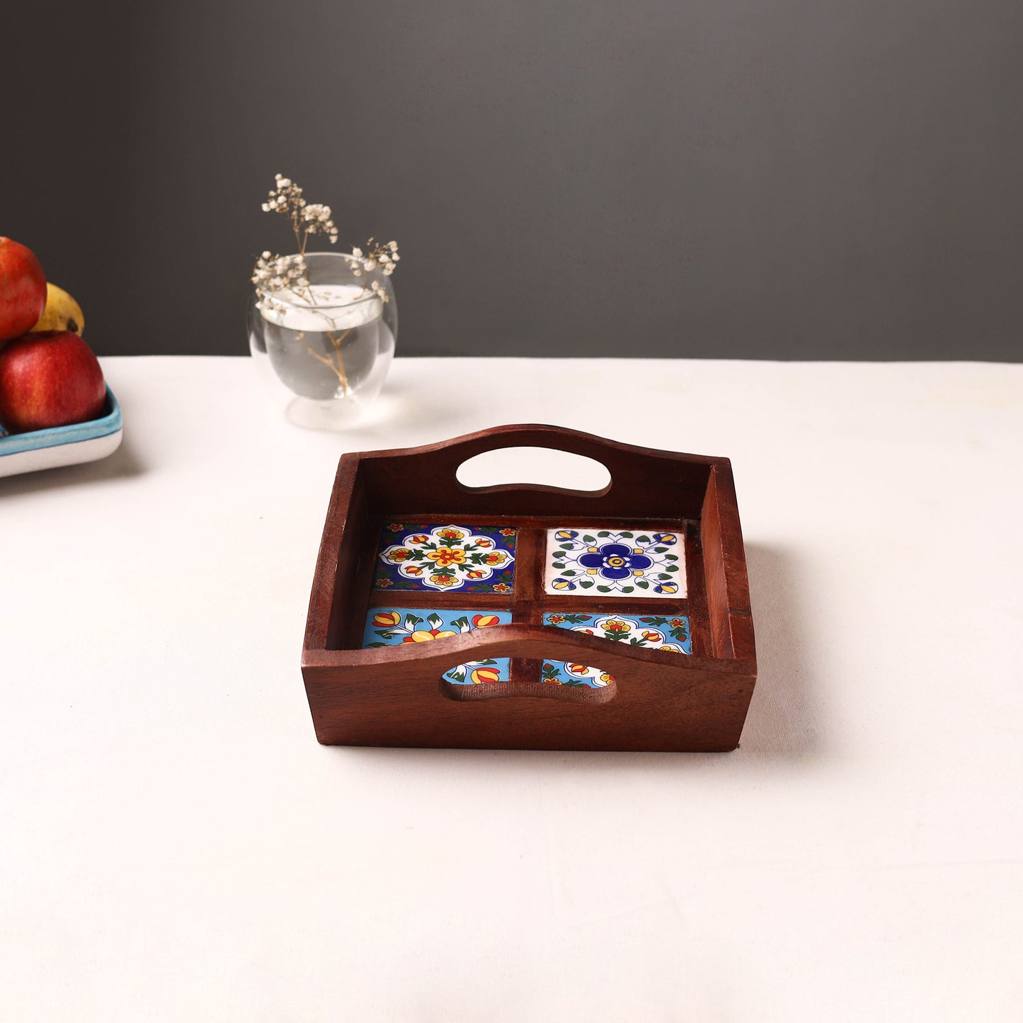 Brown - Handcrafted Blue Pottery Wooden Serving Tray (9 x 8 in) 10