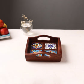 Brown - Handcrafted Blue Pottery Wooden Serving Tray (9 x 8 in) 10