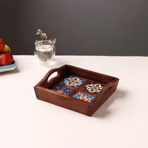 Brown - Handcrafted Blue Pottery Wooden Serving Tray (9 x 8 in) 11