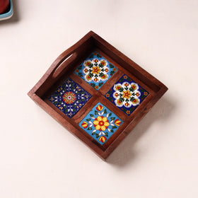 Brown - Handcrafted Blue Pottery Wooden Serving Tray (9 x 8 in) 11