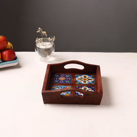Brown - Handcrafted Blue Pottery Wooden Serving Tray (9 x 8 in) 11